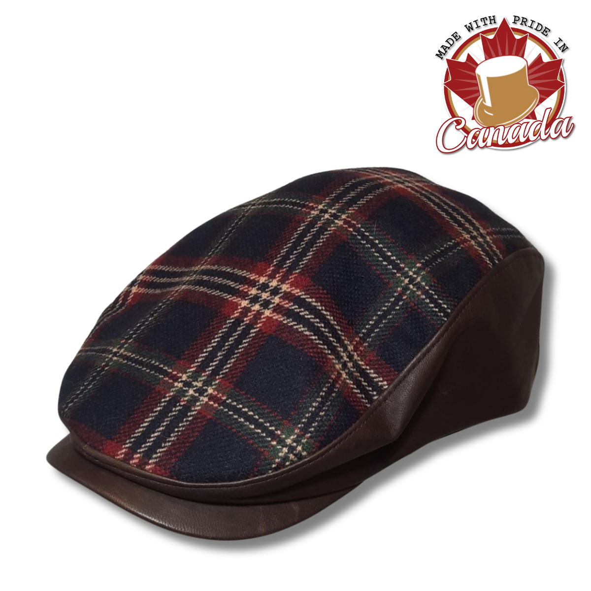 Plaid Flat Cap with Leather Trim