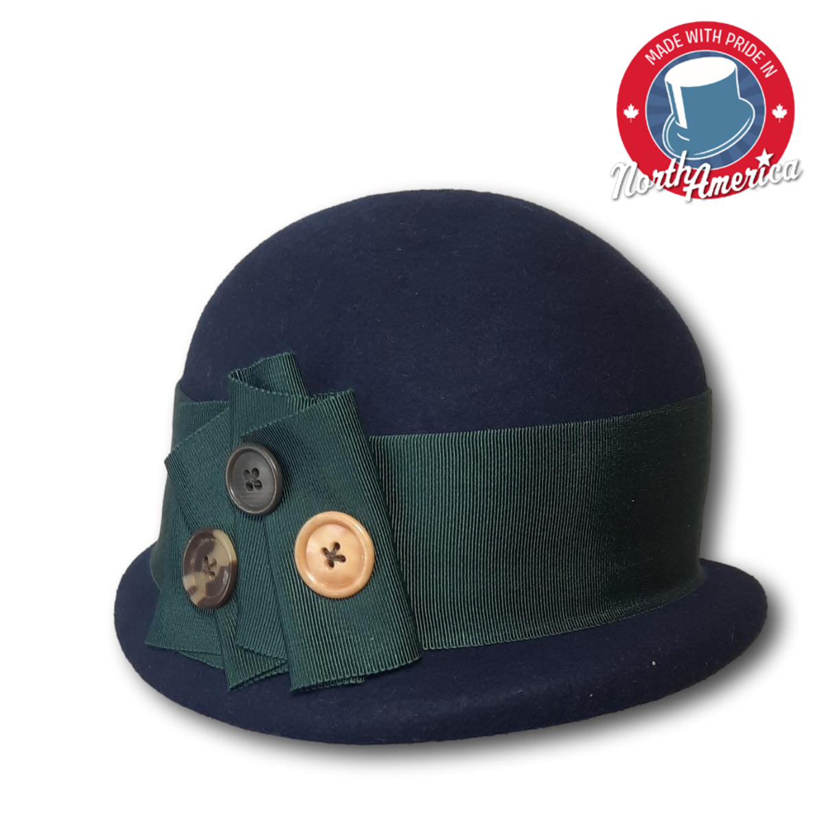 Cloche W/Button Grey Wool Cloche with Navy Grosgrain Ribbon Trim and Vintage  main image 2