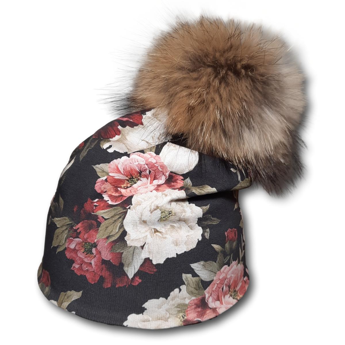 Kids Floral Toque with Raccoon Pom
