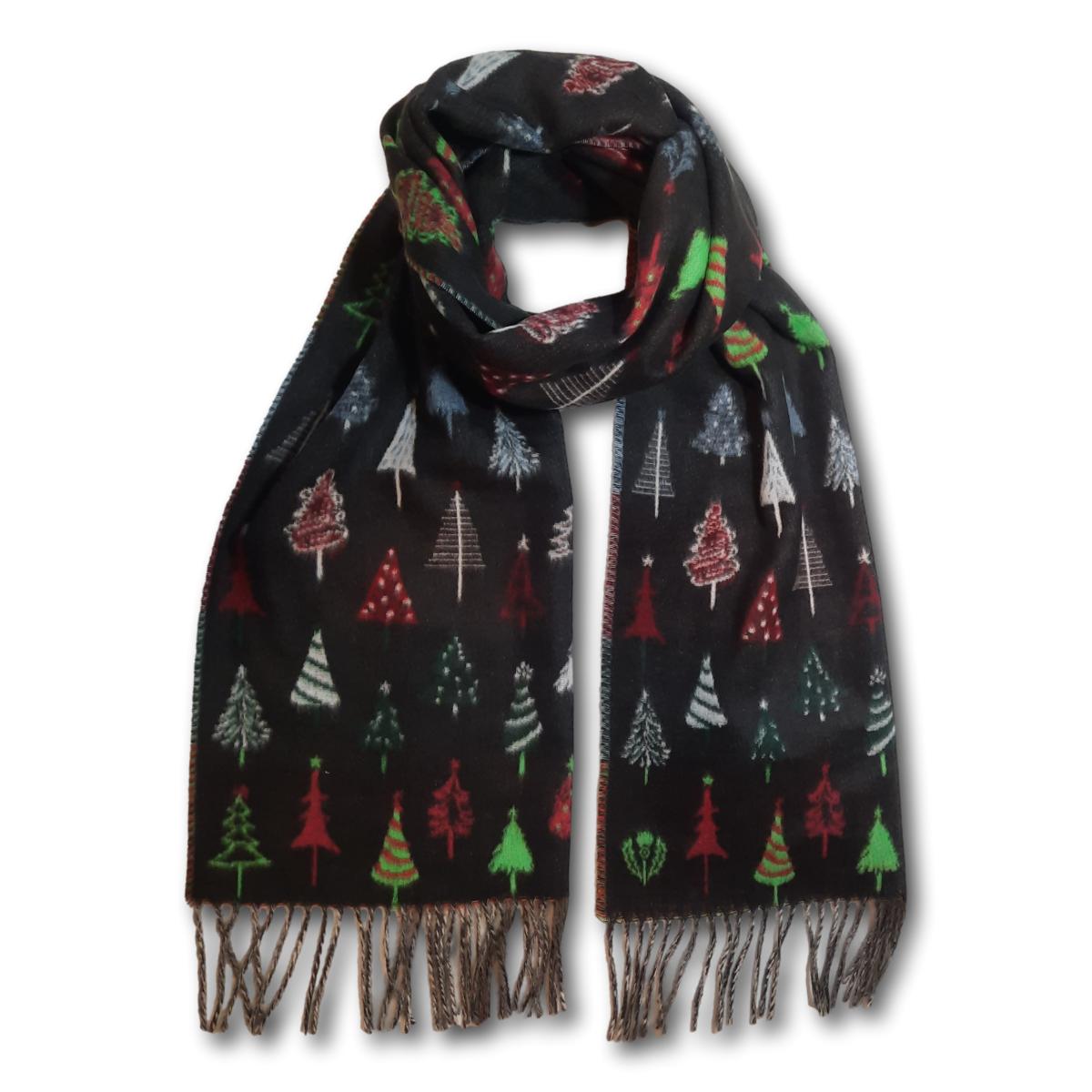 Festive Tree Printed Scarf with Fringe