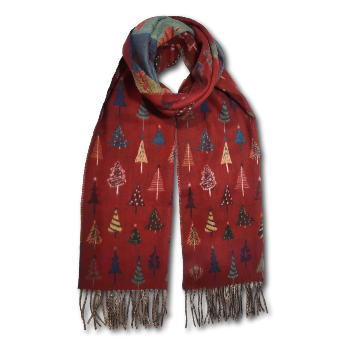 Festive Tree Printed Scarf with Fringe