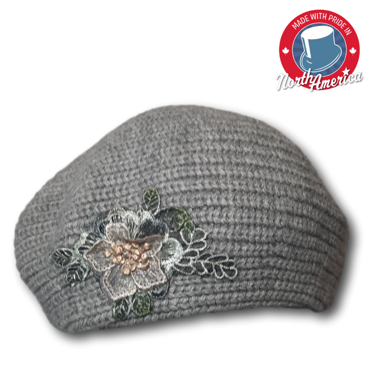 Knit Beret with Floral Applique