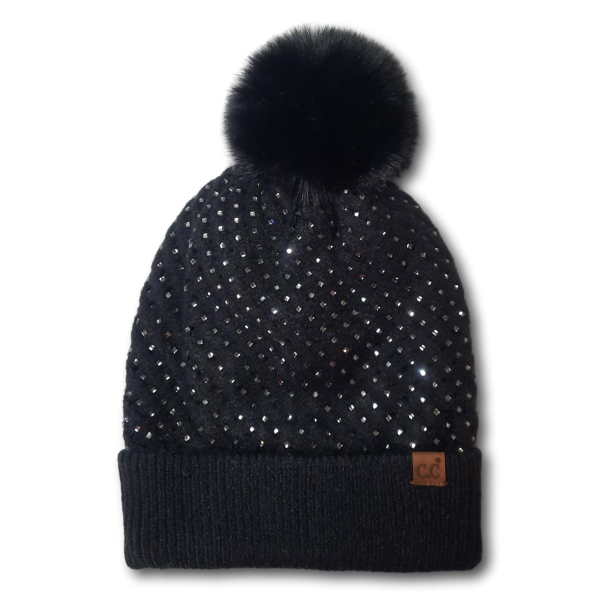 Rhinestone Toque with Faux Pom